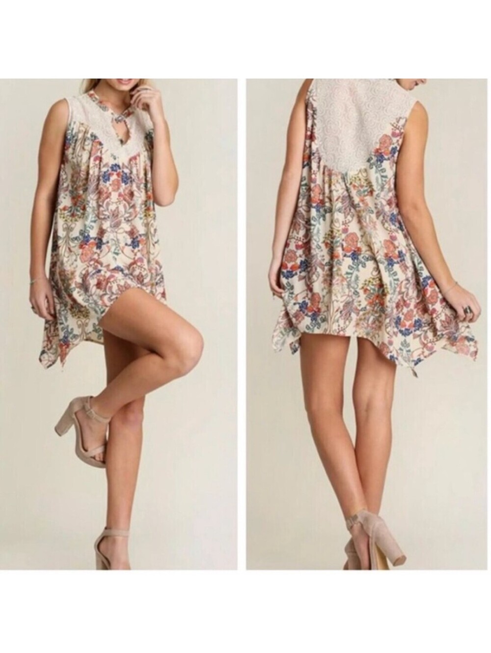 Umgee Boho Cottage Floral Sleeveless Tunic Dress w/ Lace Yolk M